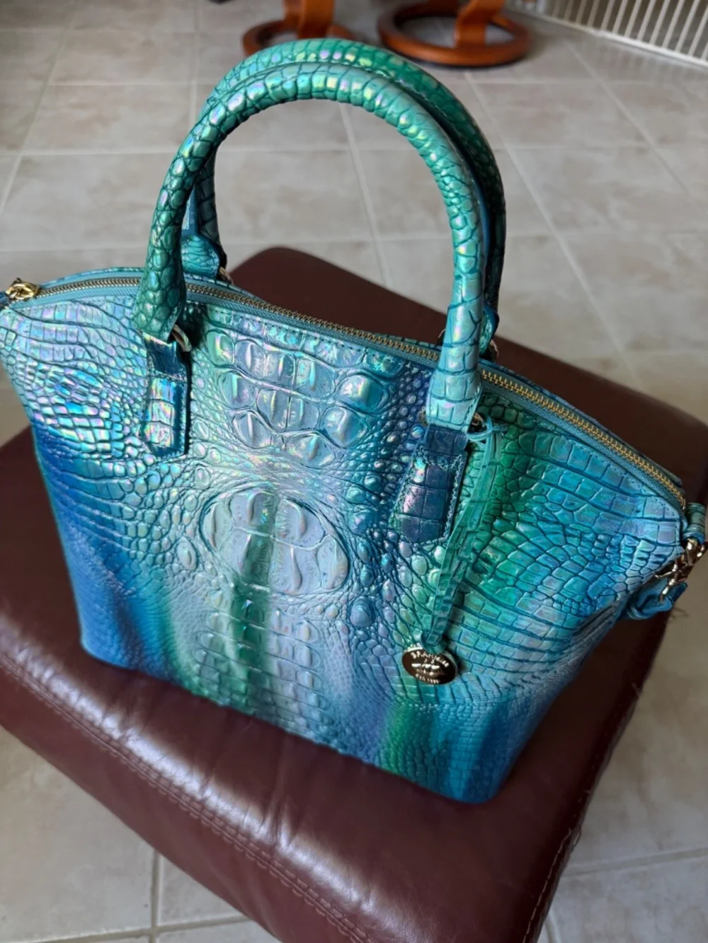 Brahmin Large Duxbury Satchel Blue Topaz Jewel Tone Croc Embossed Leather